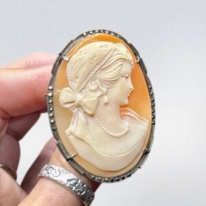 Antique Carved Shell Cameo Brooch Pendant 800 Silver Marcasite Artist Signed, 2”